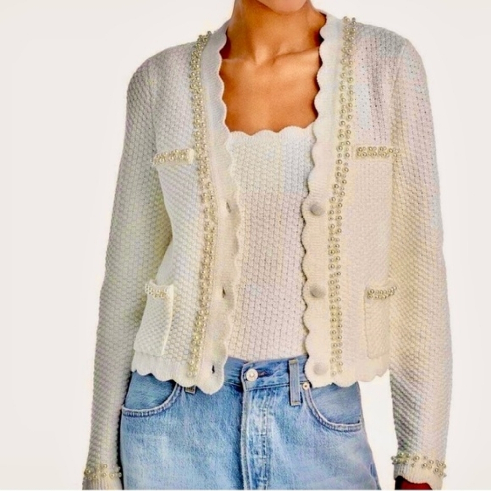 House of Harlow Revolve Ivory Pearl Chinky Knit Crop Cardigan Womens XS Coquette
